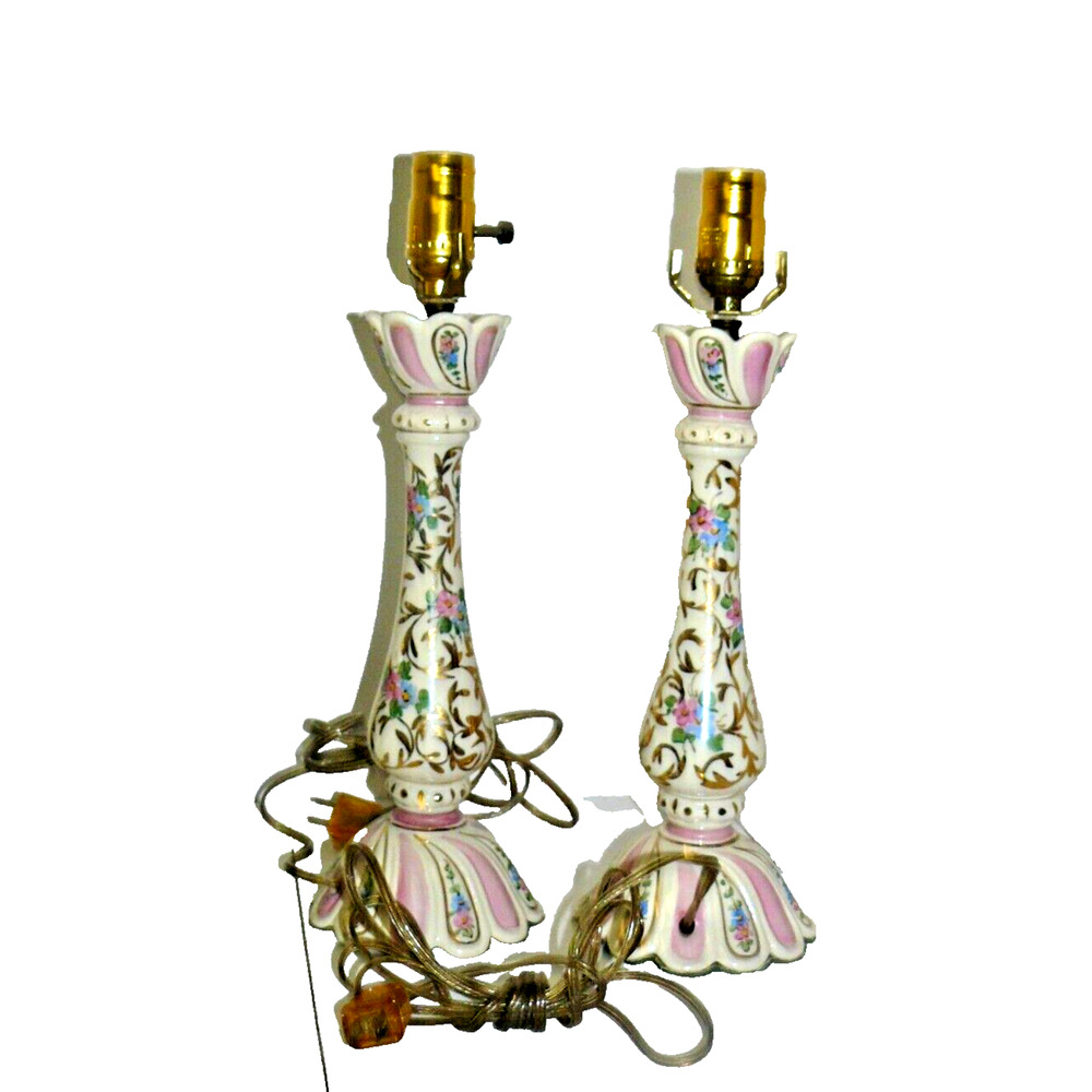 Gilted Pink Blue White Floral Porcelain Pair of Lamps Victorian Style Vintage - Picture 4 of 6